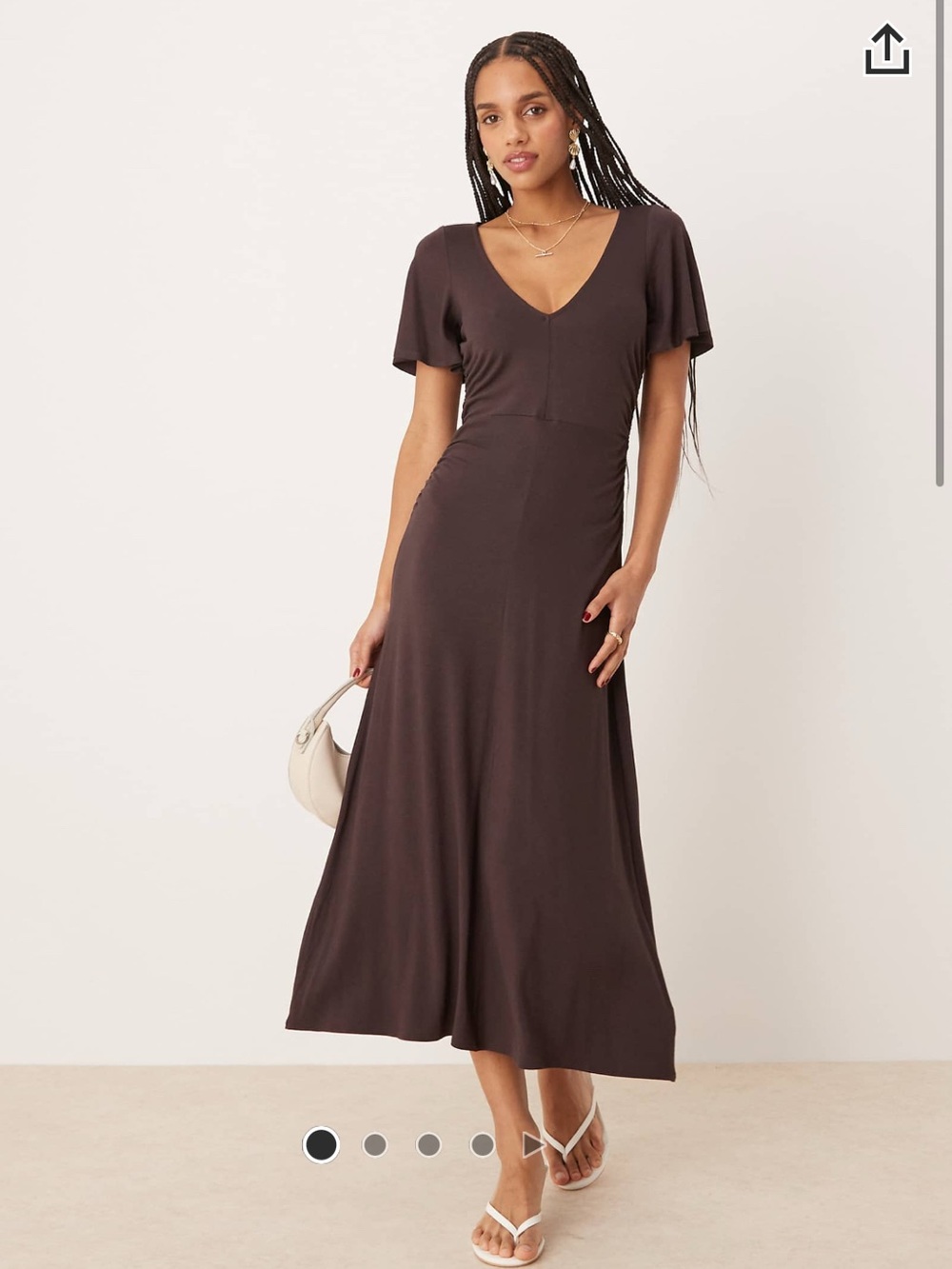 ASOS Chocolate Brown V-Neck Midi Dress with Flutter Sleeves